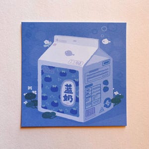 Blueberry Milk Art Print | Cute Asian Food Art | Aesthetic Snack Art Print on Card Stock | 4x4 Mini Art Postcard
