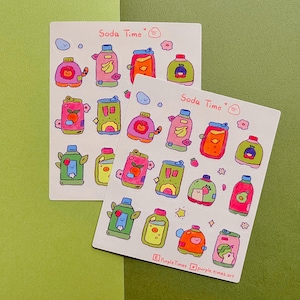 Feuille d'autocollants soda coloré | Stickers planificateur kawaii mignons | Stickers pour journal et scrapbooking