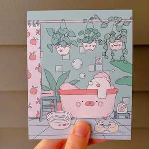Urso de banho com impressão de arte de plantas, decoração fofa de banheiro kawaii, arte de parede colorida estética, impressão de banho de urso feliz, cartão postal tranquilo e pacífico