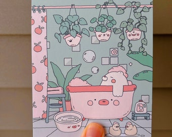 Shower Bear with Plants Art Print,Cute Kawaii Bathroom Decor,Aesthetic Colorful Wall Art,Happy Bear Bath Print,Tranquil & Peaceful Postcard