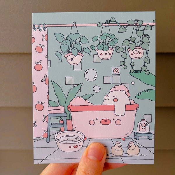 Shower Bear with Plants Art Print | Kawaii art print |  Kawaii Postcard | Aesthetic Colorful Art Print | Cute Wall Decor