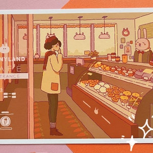 Hase Bäckerei Kunstdruck|Ästhetische Linie Kunst auf Kartonpapier|Niedlichen Anime Stil Postkarte|Schreibtisch|Leckeres Essen Kunstdruck|Geschenk für Feinschmecker