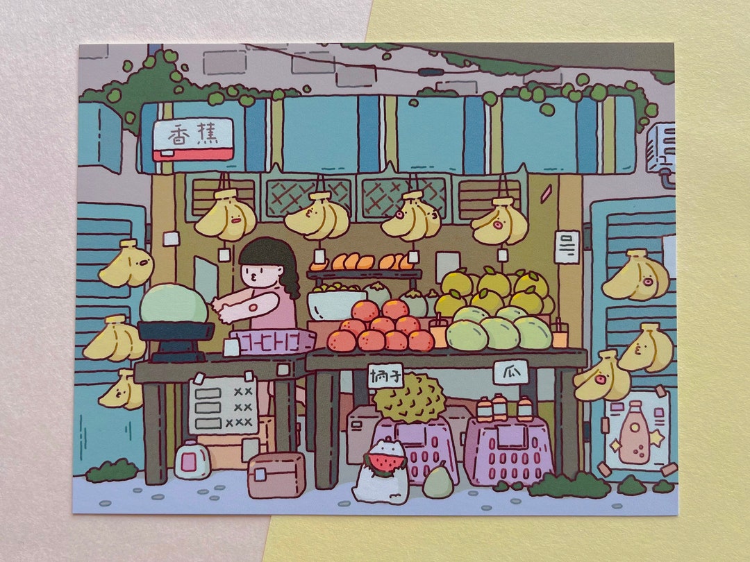 Fruit Stand Art Print Funky Banana Orange Melon Kawaii Art Print Kawaii