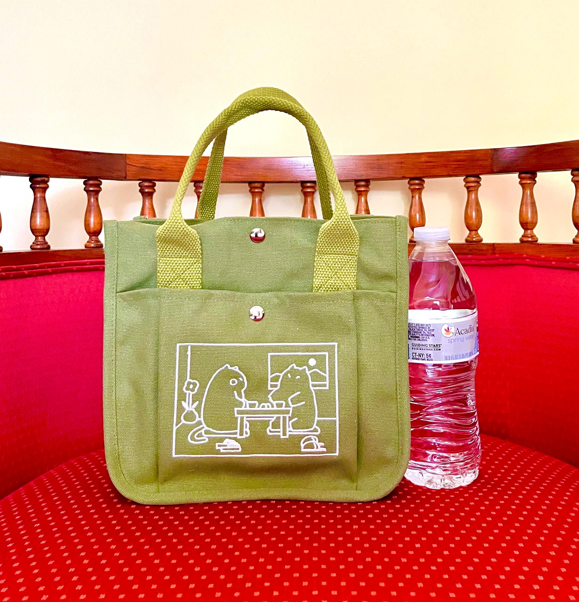Matcha Canvas Tote Bag，Embroidered Cute Cat Design Totebag, Everyday handbag, Versatile Lunch Bag or Art Supplies Carrier, Kawaii School Bag