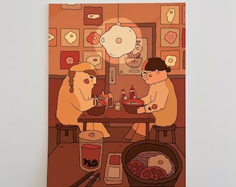 Kawaii Noodle Shop Art Print | Asian Food Wall Decor (5x7)