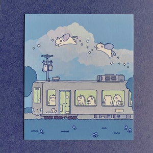Impresión artística de unicornio y oso en tren / Impresión artística linda de Kawaii / Arte de pared kawaii / Póster de dibujos animados caprichosos / Arte de animales adorables / Regalo divertido