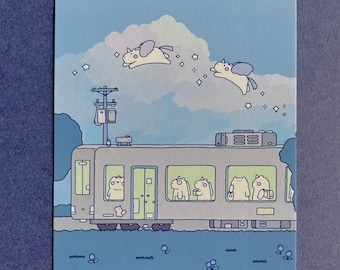 Kawaii Unicorn Bear Train Art Print | Whimsical Cartoon Poster | Animal Wall Art