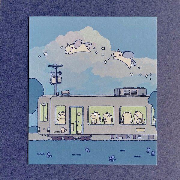 Unicorn and Bear on Train Art Print | Cute art print | Kawaii Art Print | Cute Wall Art | Cute postcard