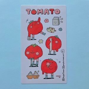 May include: A sheet of stickers featuring cartoon tomatoes in various poses. The stickers are white with black outlines and red tomatoes. The text "TOMATO" is at the top of the sheet. The text "PurpleTimes @purpletimes.art" is at the bottom of the sheet.