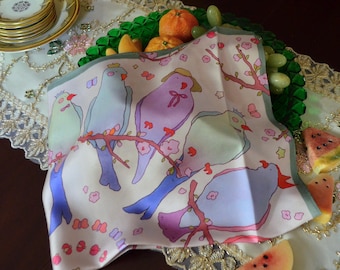 Purple Times Silk Scarf – Colorful Birds, Cherry Blossoms (25.5 x 25.5 inches)