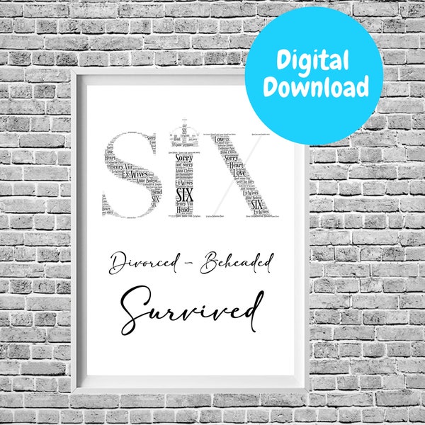 Six the Musical Digital Wordart Print, Six Downloadable Picture, Six the Musical Theatre Wall Art Print DIVORCED BEHEADED SURVIVED, WordArt.