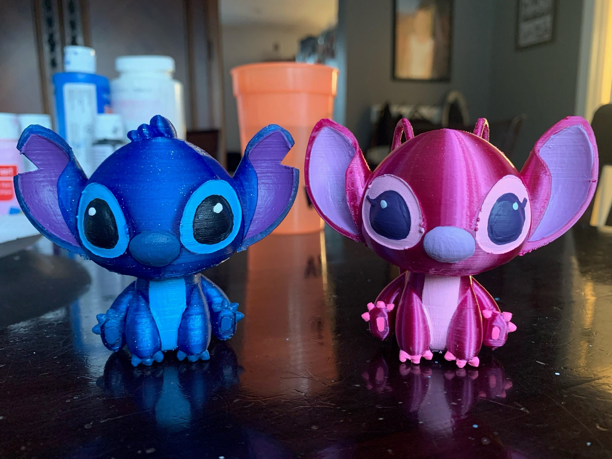 3D Printed Stitch and Angel - Hand Painted