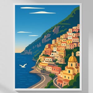 Amalfi Coast Poster Italy Wall Art Print Colorful Seaside Village Travel Illustration Mediterranean Landscape Decor Gift Idea