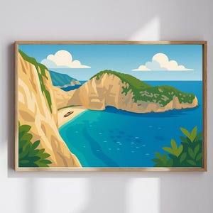 Zakynthos Greece Travel Poster Wall Art Print, Greek Island Landscape Digital Art, Coastal Beach Nature Decor, Summer Vacation Gift Idea