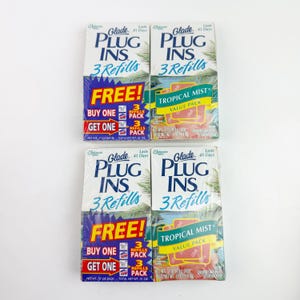 May include: Four Glade PlugIns 3 Refills packs. Two packs are labeled "Tropical Mist Value Pack". Two packs have a "Buy One Get One Free" offer. Each pack contains 17 oz of product.