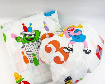 Vintage 80s Sesame Street Numbers Twin Flat & Fitted Bed Sheet Set Stevens Kid