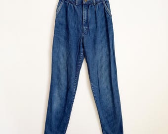 Vtg 80s Lee High Waist White Pinstripe Denim Mom Jean Tapered Pleated Barrel Retro Normcore 7