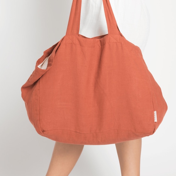 Oversized Linen Tote Bag, Rust Tote Bag, Linen Beach Bag, Linen Shopping Bag, Oversized Market Bag, Large Linen Tote, Natural Beach Bag