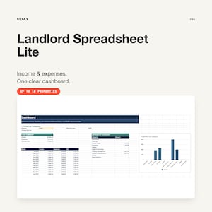 May include: A digital Landlord Spreadsheet Lite template for tracking income and expenses for up to 10 properties. The dashboard features a year summary, expense by category table, and a bar chart visualizing expenses, all presented in a clean layout.