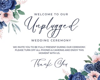 Blue and Pink Bouquet Unplugged Wedding Ceremony Sign