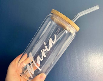 Reusable Bamboo Lid Glass Cup with Glass Straw