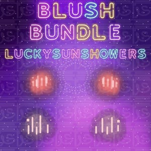 May include: A neon sign on a purple background reads "BLUSH BUNDLE" and "LUCKYSUNSHOWERS". The design includes glowing orbs and a patterned background. The sign is in a retro style.