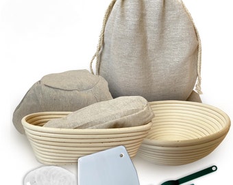 Juego de 23 cestas para fermentación de pan Banneton: cestas de masa madre de ratán redondas de 25 cm y ovaladas de 25 cm, revestimientos, raspador, lámina de corte, bolsa para pan y plantillas.