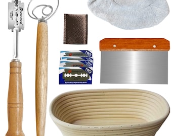 Ensemble de paniers Banneton ovales de 10 po. pour cuisson du pain avec grattoir à pâte, boîte à pain, fouet à pâte danoise, ensemble de pain artisanal au levain