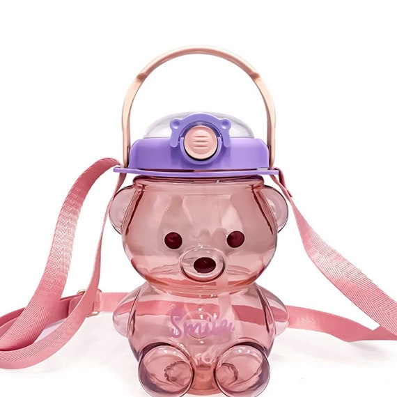 Cute Bear Water Bottle With Adjustable Shoulder Strap & Straw
