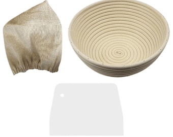 Juego de cestas para fermentar pan Banneton, cesta redonda de ratán de 23 cm para masa madre con raspador de masa y forro para cesta de pan