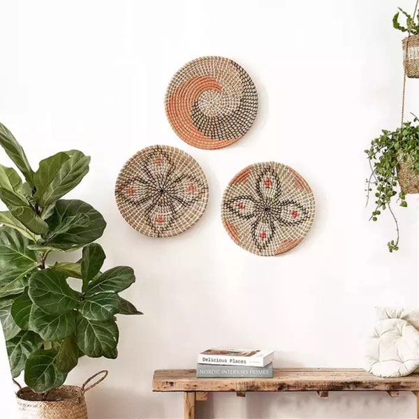 Woven Wall Basket Set Hanging Seagrass Baskets Decorative Boho Styled Baskets All Natural Home Decor Handmade Hanging Wall Basket Decor Gift