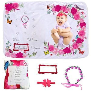 Baby Monthly Milestone Blanket Floral Newborn Photography Prop Personalized Milestone Blanket with Felt Frames Infant Milestone Shower Gift