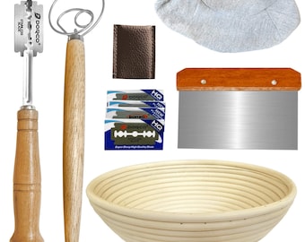 Juego de cestas redondas de fermentación Banneton de 25 cm, kit para hornear pan, raspador de masa, cuchilla para pan, batidor de masa danés, juego de herramientas artesanales para masa madre.