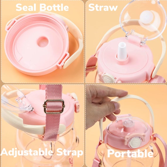 Bear Water Bottle With Straw Cute Water Leak Proof Bottles Portable  Leakproof Water Jug For Kids Girls Boys Pink 
