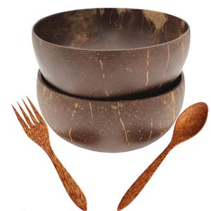 Coconut Bowls and Wooden Spoon and fork Gift Set - 100% Natural Vegan Eco Friendly Smoothie Bowls, Buddha Bowls, Made from Coconut Shells