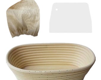 Banneton, cesta de fermentación ovalada de ratán de 25 cm para masa madre con raspador de masa y forro para cesta de pan.