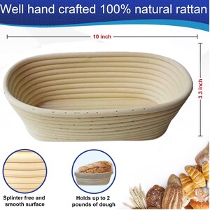 Puede incluir: Una cesta de fermentaci&oacute;n de pan de rat&aacute;n natural, de 25,4 cm de largo y 8,4 cm de alto. La cesta est&aacute; hecha de rat&aacute;n tejido y tiene una superficie lisa. Puede contener hasta 900 gramos de masa. El texto "Splinter free and smooth surface" y "Holds up to 2 pounds of dough" es visible en la imagen.