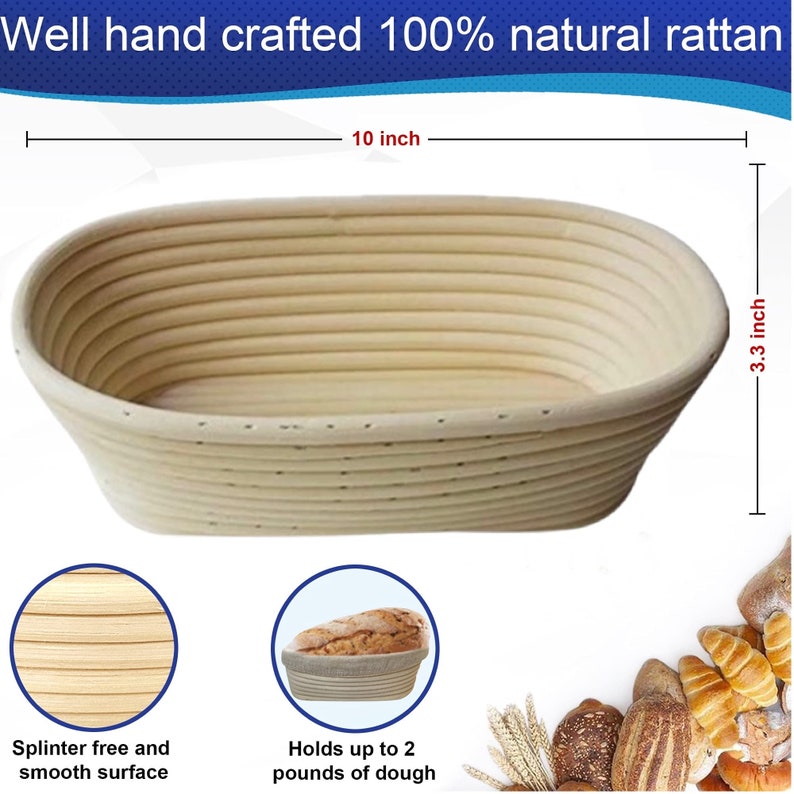 Puede incluir: Una cesta de fermentaci&oacute;n de pan de rat&aacute;n natural, de 25,4 cm de largo y 8,4 cm de alto. La cesta est&aacute; hecha de rat&aacute;n tejido y tiene una superficie lisa. Puede contener hasta 900 gramos de masa. El texto "Splinter free and smooth surface" y "Holds up to 2 pounds of dough" es visible en la imagen.