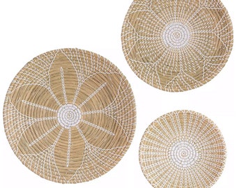 Juego de cestas de pared tejidas, cestas colgantes de junco marino, cestas decorativas de estilo bohemio, decoración del hogar totalmente natural, cestas de pared colgantes hechas a mano, regalo decorativo