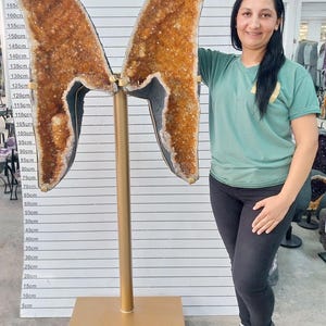 Op de afbeelding: Een grote, amberkleurige kristalformatie, gemonteerd op een goudkleurige standaard. Het kristal heeft de vorm van twee vleugels, met een donkergrijze rand. De standaard is ongeveer 195 cm hoog. Een opvallend decoratief stuk.