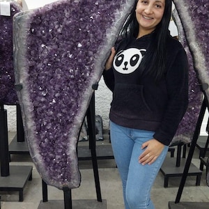 Può includere: Una grande geode di ametista a forma di ala con strutture cristalline viola intenso, montata su un supporto in metallo nero. La geode presenta un bordo naturale frastagliato con una cornice esterna grigia lucida, che mostra la formazione minerale.