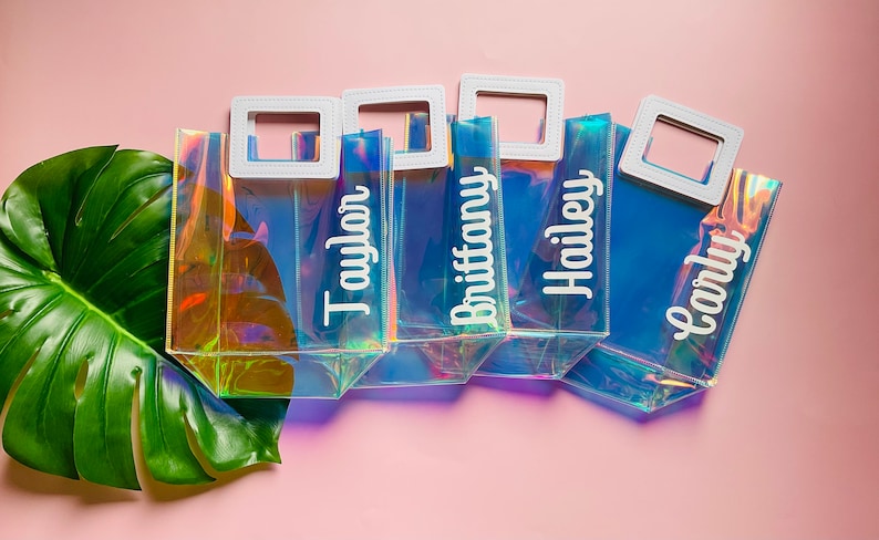 K&ouml;nnte beinhalten: Vier durchsichtige, regenbogenfarbene Plastikt&uuml;ten mit wei&szlig;en Griffen und wei&szlig;en Beschriftungen. Die Taschen sind mit "Taylor", "Brittany", "Hailey" und "Carly" beschriftet.