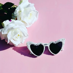 Custom Luxury Pearl Bride Sunglasses, Personalized Pearl Rhinestone Encrusted Heart Shaped Sunglasses, Bride to Be Embellished Heart Sunglas