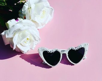 Custom Luxury Pearl Bride Sunglasses, Personalized Pearl Rhinestone Encrusted Heart Shaped Sunglasses, Bride to Be Embellished Heart Sunglas