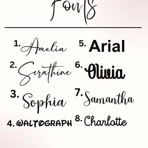 May include: A list of eight different fonts, each with a number and name. The fonts are: Amelia, Serathine, Sophia, WALTOGRAPH, Arial, Oliwia, Samantha, and Charlotte.
