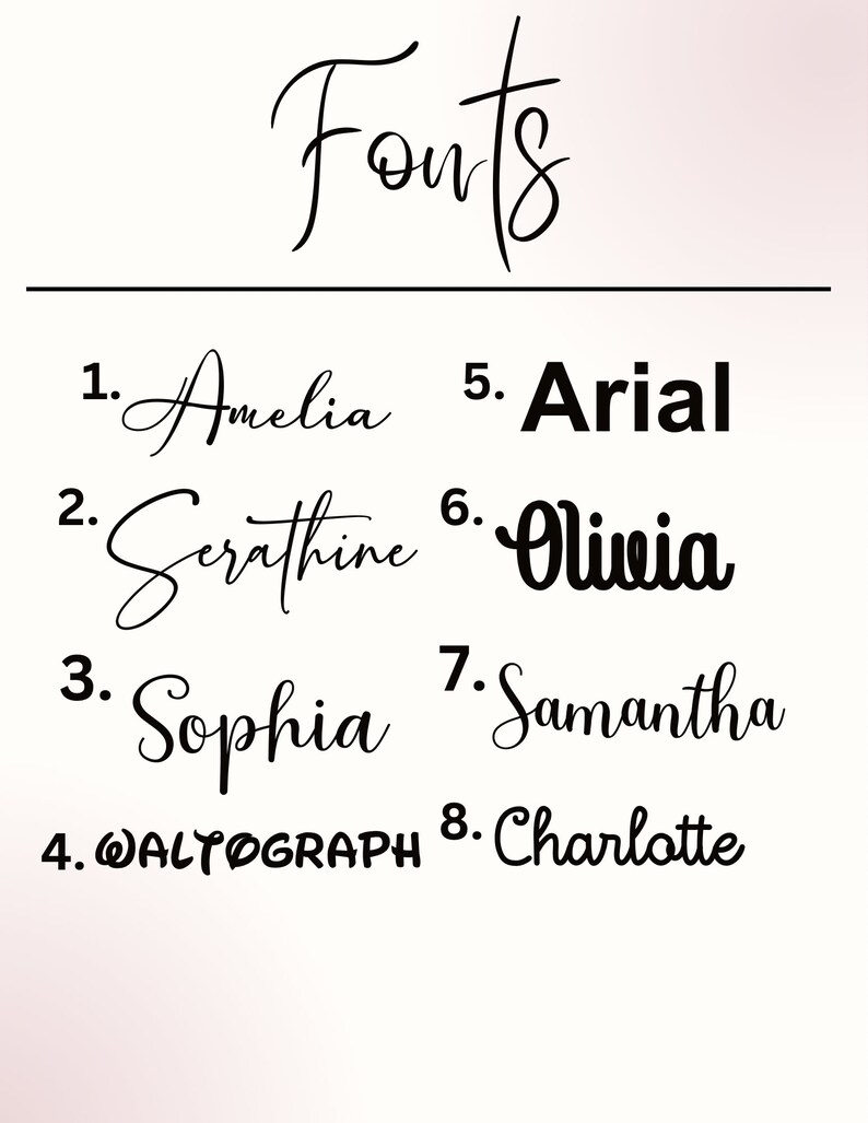 May include: A list of eight different fonts, each with a number and name. The fonts are: Amelia, Serathine, Sophia, WALTOGRAPH, Arial, Oliwia, Samantha, and Charlotte.