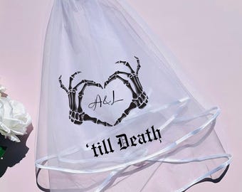 Til Death Bachelorette Veil, Bachelorette Party Veil, Black Skeleton Heart , Personalized Bride Veil, Bridal Shower Veil, Custom Bridal Veil