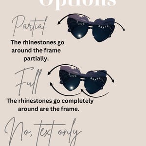 May include: Black heart-shaped sunglasses with the text TILL DEATH on the lenses. Options include partial rhinestone coverage on the top frame, full rhinestone coverage around the entire frame, or no rhinestones with text only on the lenses.