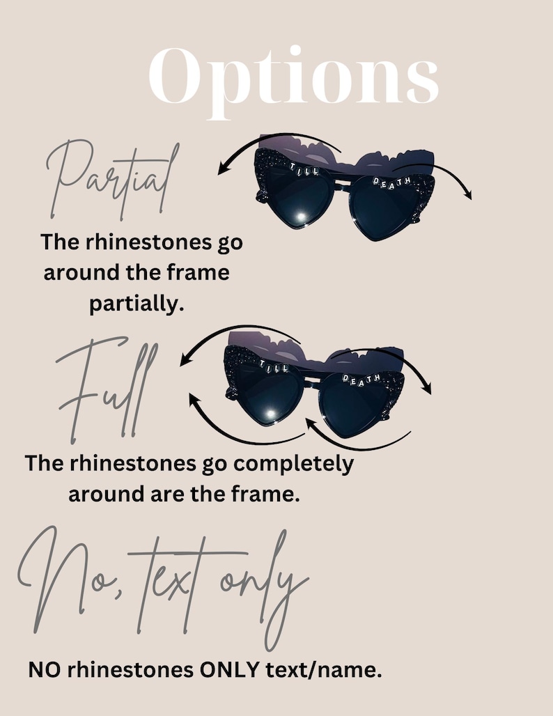 May include: Black heart-shaped sunglasses with the text TILL DEATH on the lenses. Options include partial rhinestone coverage on the top frame, full rhinestone coverage around the entire frame, or no rhinestones with text only on the lenses.