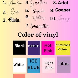 K&ouml;nnte beinhalten: Eine Tabelle mit einer Liste von Schriftarten und Vinylfarben. Die Schriftarten sind Amelia, Erin, Olivia, Serathine, Sophia, Wedding, Samantha, Arial, Cooper und Spring. Die Vinylfarben sind Schwarz, Lila, Pink, Schwefelgelb, Wei&szlig;, Eisblau, Hellrosa, Lila und Koralle.